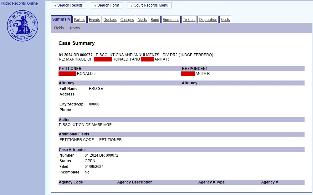 A screenshot from Alachua County Clerk of Circuit Court's search index showing a case summary of one of the results for marriage dissolution, including the case number, case type, case title, names of both parties, attorney action, case status, and filing date.