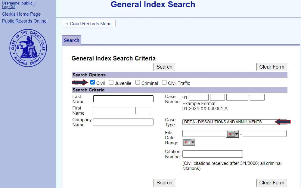 A screenshot of the general index search tool from Alachua County Clerk of Circuit Court displaying search options such as all, criminal, civil, juvenile, and civil traffic and search criteria including last name, first name, company name, case number, case type, file date range, and citation number, with "Civil" checked in the options and "DRDA—Dissolutions and Annulments" selected under the case type.