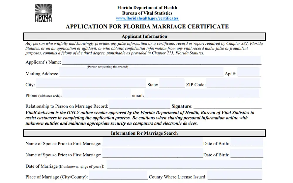 A screenshot showing an application for a Florida marriage certificate from the state's Department of Health, with information to be filled in, such as mailing address, applicant's name, city, state, phone number, email address, and other details for marriage search.