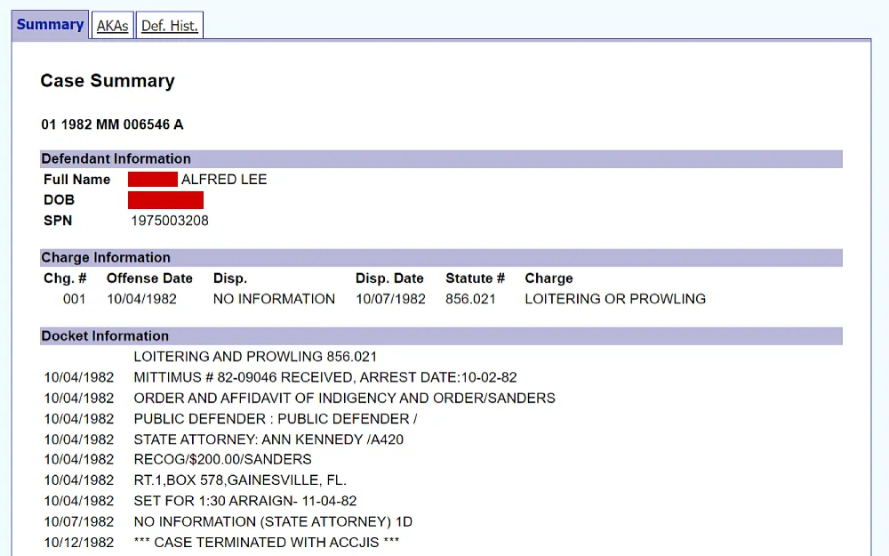 A screenshot displaying a case summary from the Alachua County Clerk of Circuit Court showing the defendant's full name, date of birth and SPN, charge information such as charge and statute number, offense date, and docket information.