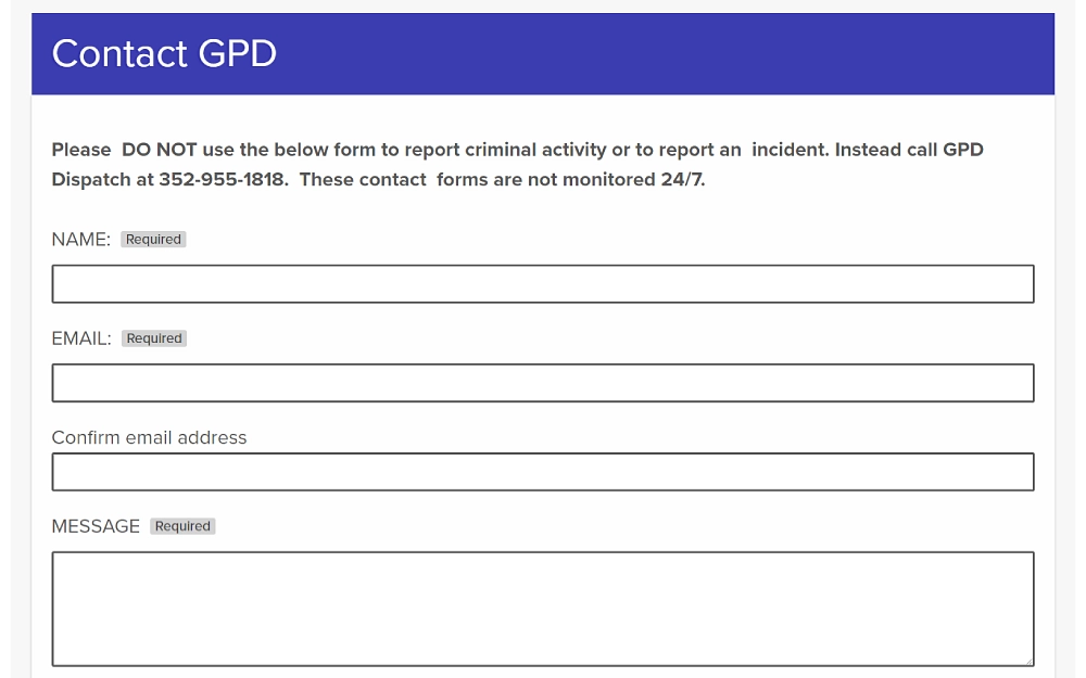 A screenshot displaying a GPD contact us form requiring information to be filled out, such as name, email address, and message from the Gainesville Police Department website.