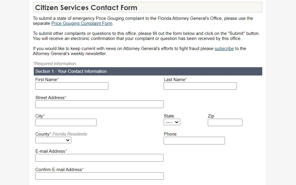 A screenshot of the contact form made available by the office of the Attorney General of Florida for the citizens displaying a short notice regarding the instructions followed by the first section of the form containing fields for name, address, and contact information.