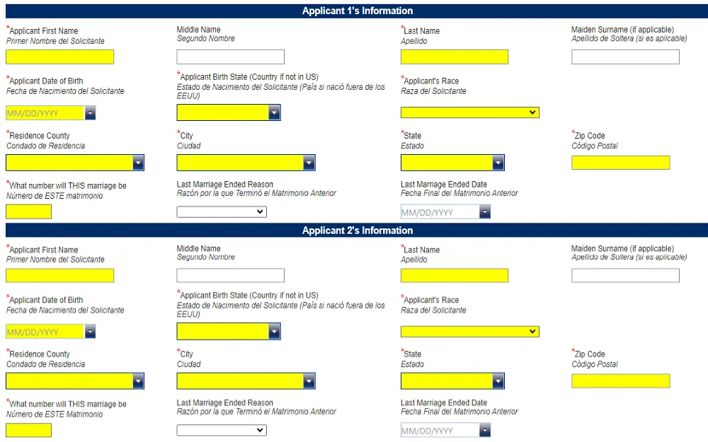 A screenshot displaying a marriage online application from the Alachua County Clerk of the Court website with details to be filled in, such as the applicant's first, middle, and last name, date of birth, birth state, race, residence county, city, and state.