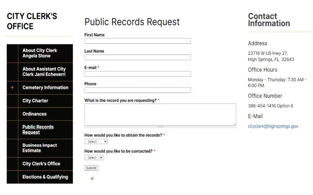 A screenshot showing the public records request online form of the High Springs City Clerk’s Office with details to be filled in, such as first name, last name, email address, phone number, type of record requested, method of obtaining the record, and contact information.