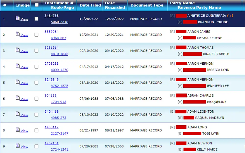 A screenshot displaying a public records search results, showing information such as the image, instrument number book page, date filed and recorded, document type, party name, and reverse party name from Alachua County Clerk of the Court.