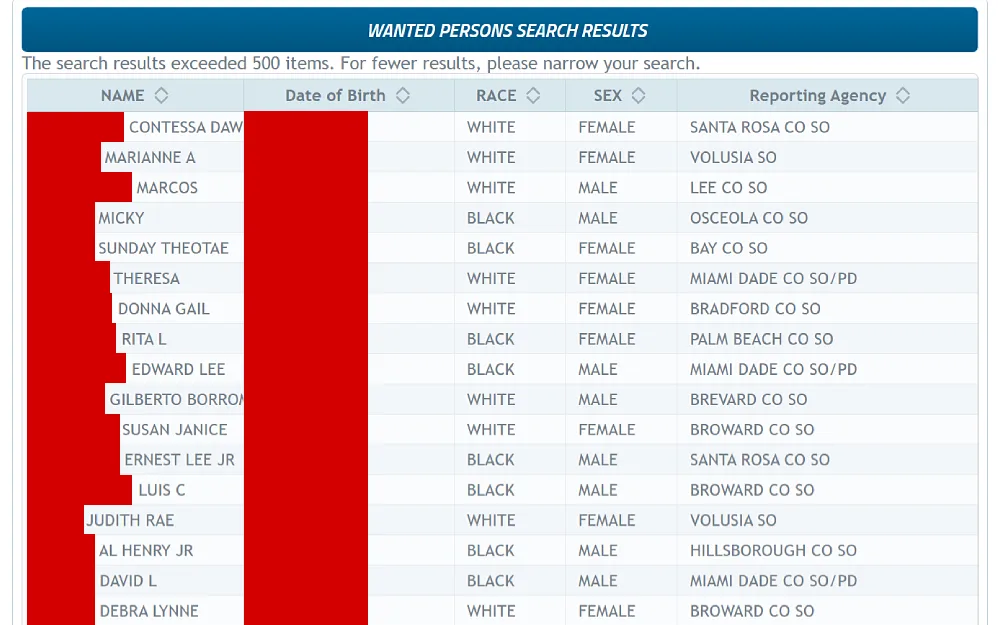 A screenshot displaying the wanted person search results list from the Florida Department of Law Enforcement, Florida Crime Information Center website, showing the complete name, date of birth, sex, race and the reposting agency.