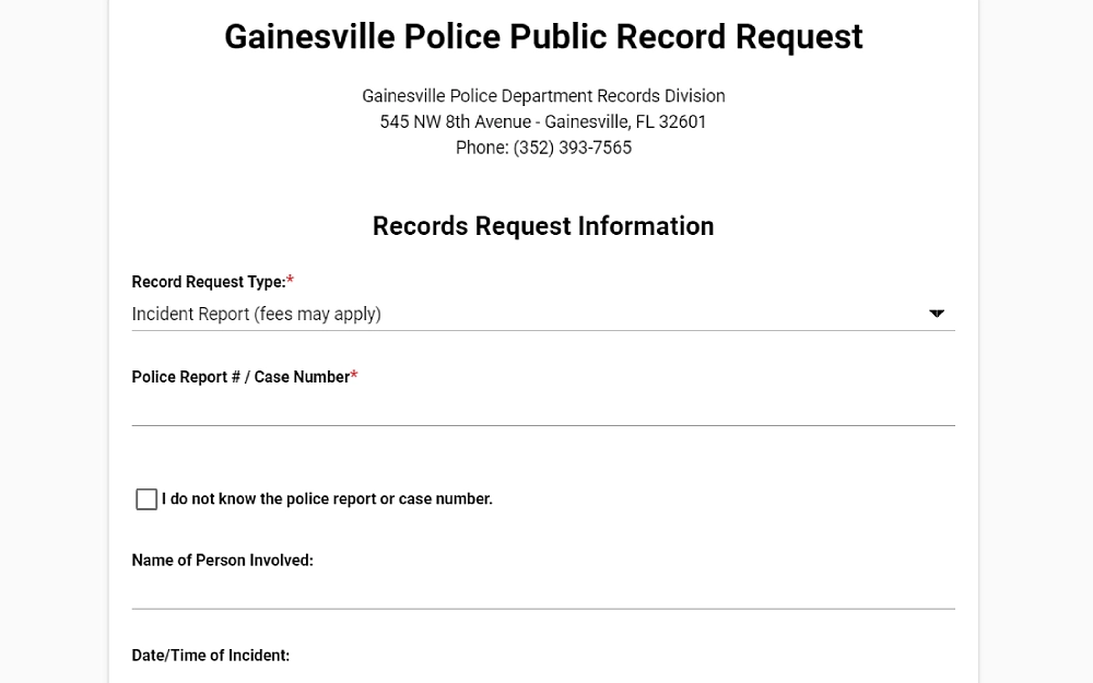 A screenshot from the Gainesville Police Department Records Division records request information that needs to be filled in, including the police report and case number, the name of the person involved and the date and time of the incident.