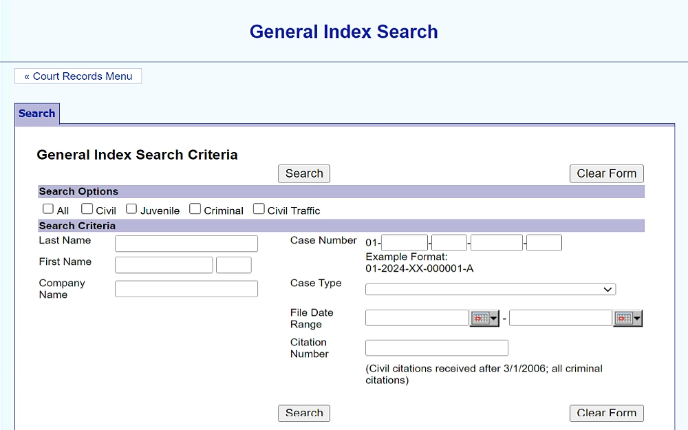 A screenshot of the general index search with search options such as all, civil juvenile, criminal and civil traffic and search criteria of last name, first name, company name, case number, case type, file date range and citation number.