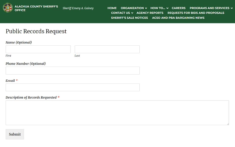 A screenshot of an Alachua County Sheriff's Office public records request with details to be filled in, such as first and last name, phone number, email address, description of records requested and a submit button.