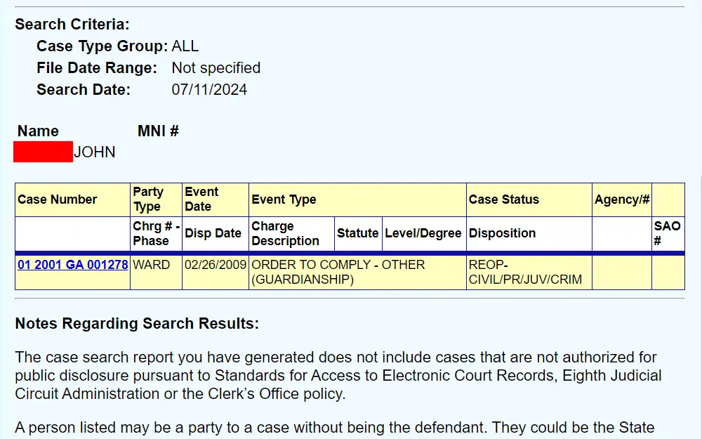 A screenshot of the search results from the Alachua County Clerk of the Circuit Court's case search, showing an individual record. 