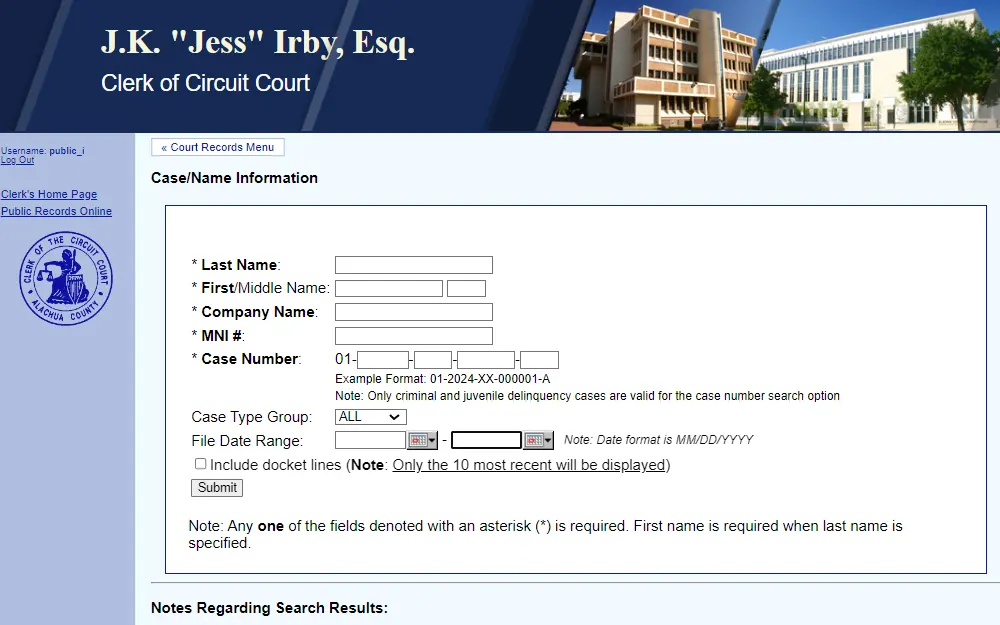 A screenshot of the case search page from the Alachua County Clerk of the Circuit Court Website, showing the available options to search for records, including subject's name, company name, MNI no. and case number.