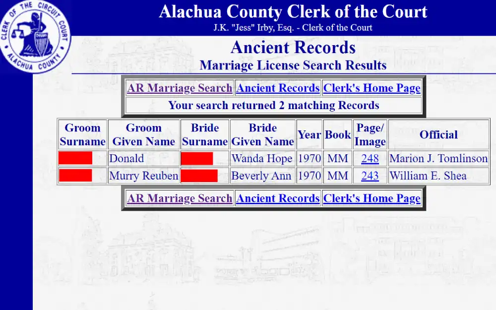 A screenshot displays the search results from the Alachua County Clerk of the Court marriage license search, showing the couple's marital record. 