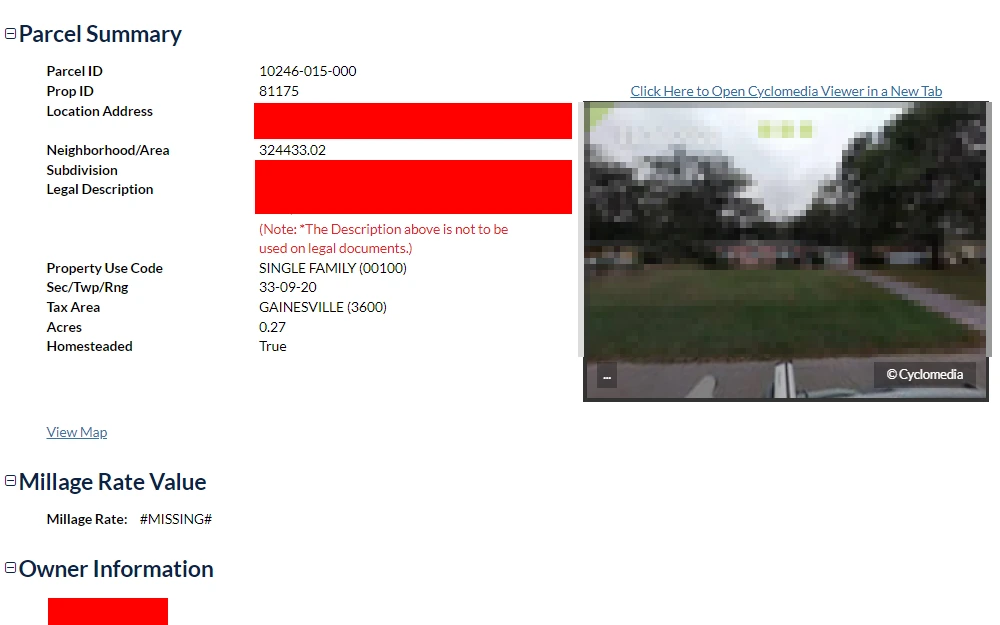 A screenshot showing a parcel summary for a property, including details like Parcel ID, location, and property characteristics, with a small street view image.