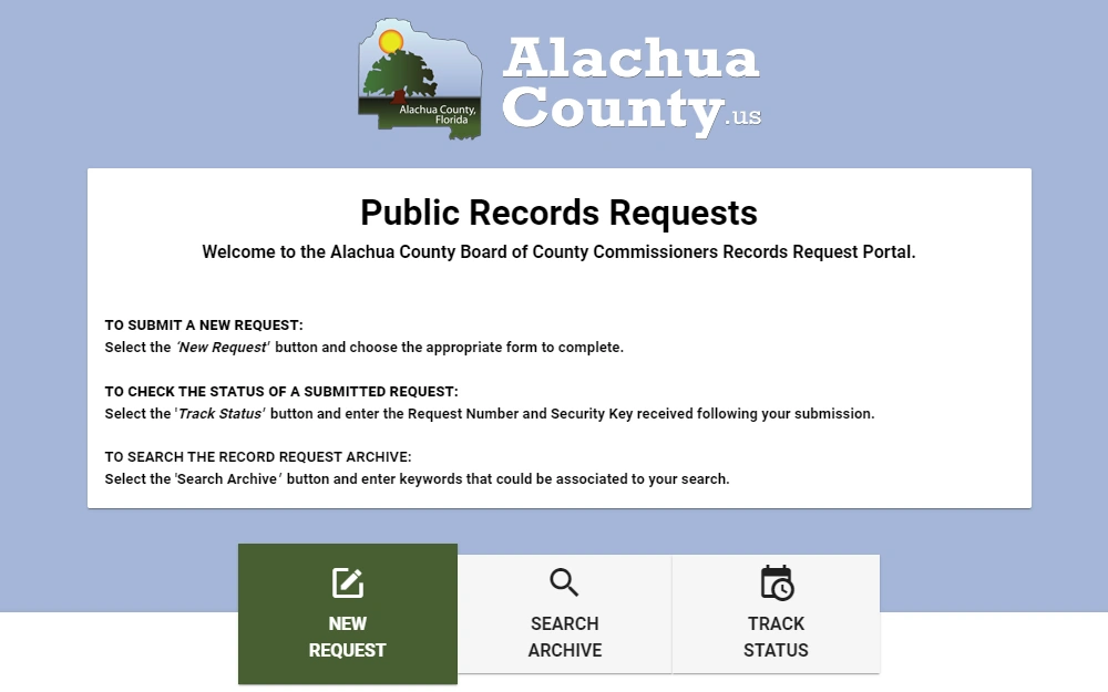 A screenshot of the record request page offered by the Alachua County Board of County Commissioners, displays instructions to submit, check or search for archives.