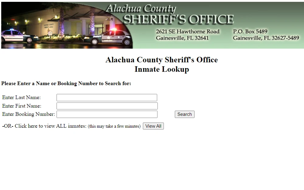 A screenshot of an inmate lookup from the Alachua County Sheriff's Office page showing the required fields to search, such as last name, first name, and booking number.