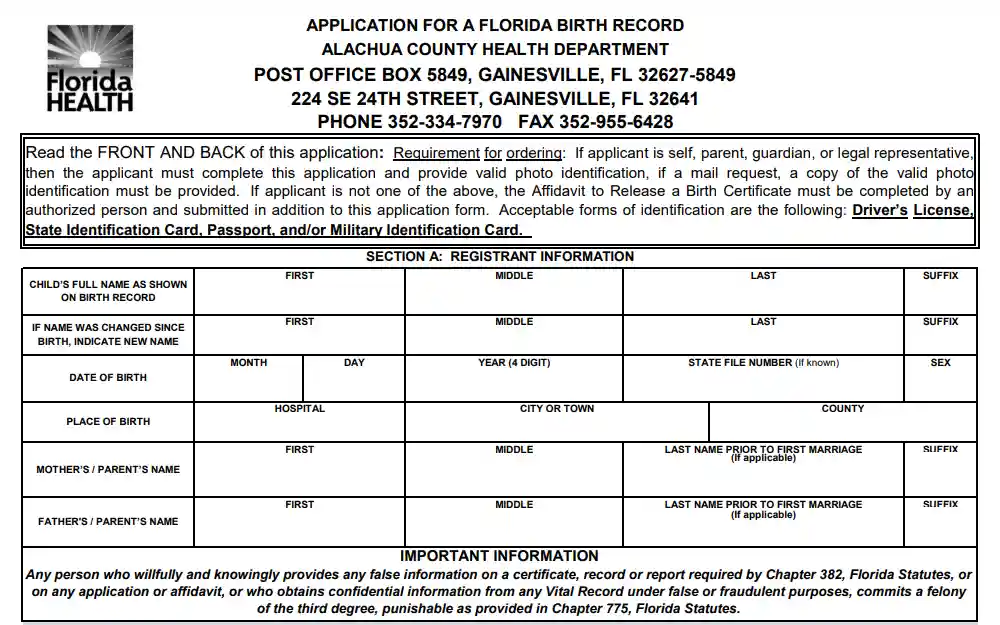 A screenshot showing an application form for requesting a Florida birth record from the Alachua County Health Department, with fields for personal information and a warning about providing false information.