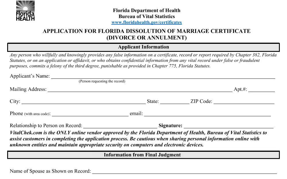 A screenshot shows the Florida Department of Health's application form for a Dissolution of Marriage Certificate, including fields for applicant information, contact details.