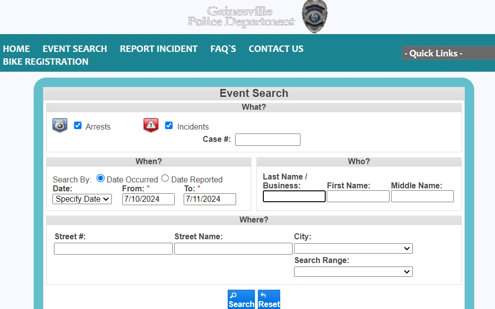 A screenshot of the event search page from the Gainesville Police Department website, showing the available options to search for records, such as case number, date, name, and location where the event occurred.