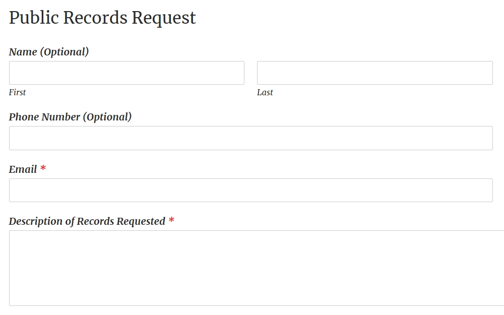 A screenshot of the Alachua County Sheriff's Office public records request online form requiring the email address and the description of records requested to find the specific information with the name and phone number as optional details to provide.