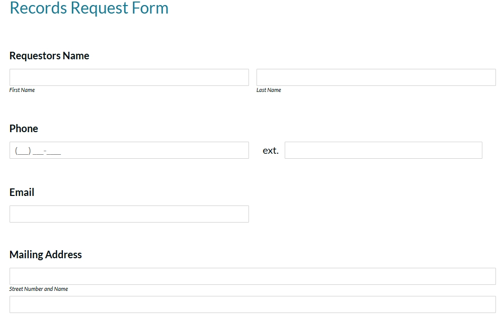 A screenshot of the Alachua Police Department's records request form requiring the following details to obtain a specific record: requestors' name, phone number, email address, mailing address, etc.