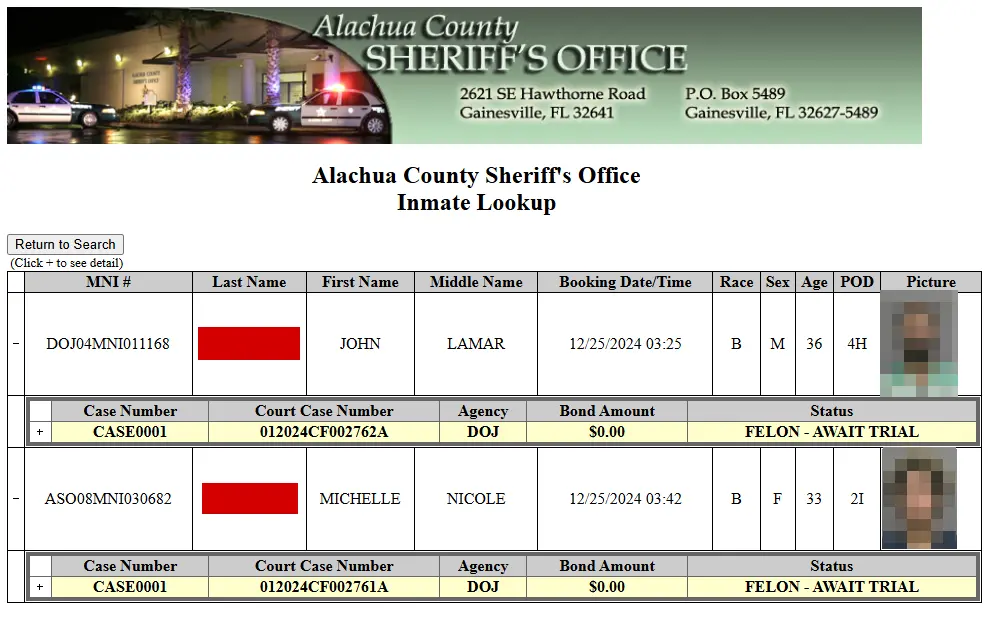 A screenshot of the Alachua County Sheriff's Office Inmate Lookup sample results, listing every matching individual's MNI#, last/first/middle name, booking date/time, age, sex, race, POD, and picture.